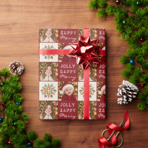 Papel De Presente Natal com 2 Fotos de Família Personalizadas
