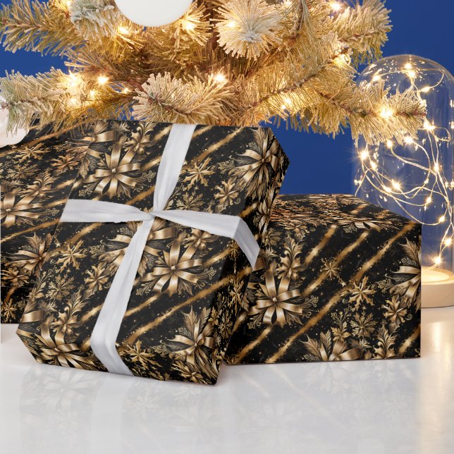 Papel De Presente Natal com Fita Preta Mármore e Dourada Opulenta (Feriados)