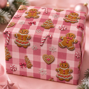 Papel De Presente Natal com Flocos de Neve de Gengibre Xadrez Rosa F