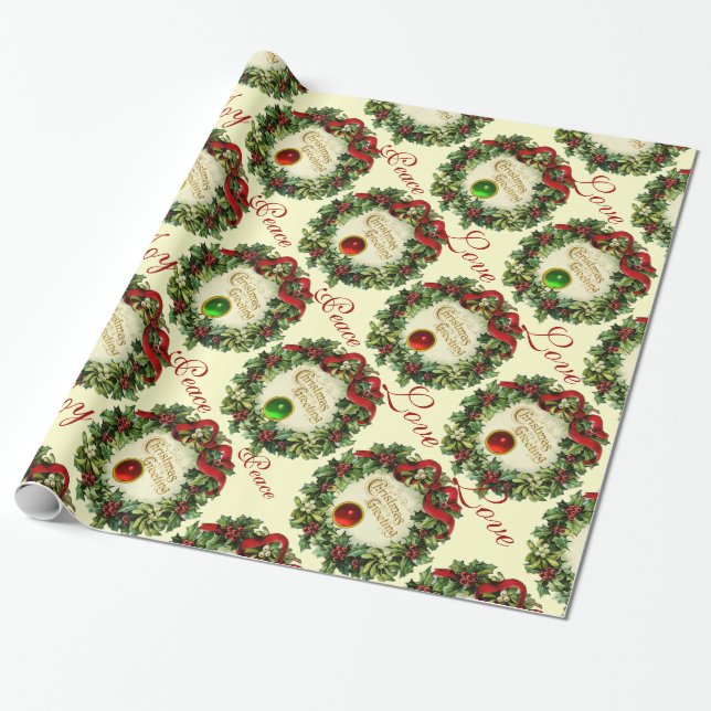 PAPEL DE PRESENTE NATAL COM HOLLY BERRIES, JOY PEACE AMOR (Desenrolado)
