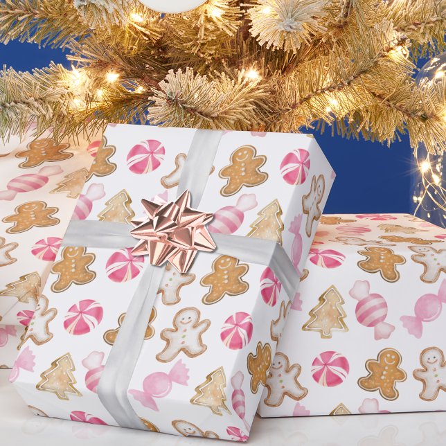 Papel De Presente Natal com Padrão de Biscoito de Gengibre Rosa Fofo (Criador carregado)