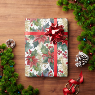 Papel De Presente Natal com padrão de poinsettia e azevinho em aquar