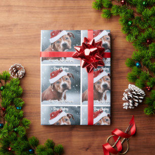 Papel De Presente Natal com Pit Bull Triste com Chapéu de Papai Noel