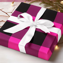Papel De Presente Natal com Xadrez Búfalo Rosa Quente e Preto