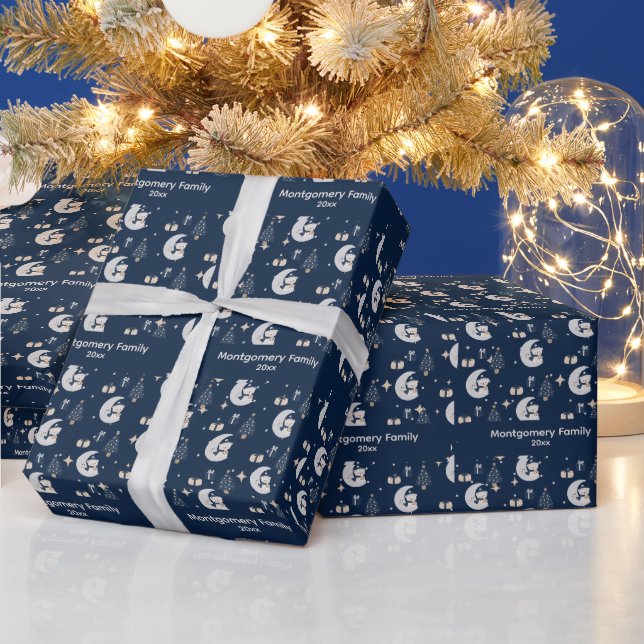 Papel De Presente Natal Customizado Meia-Noite | Azul Marinho, Prata (Feriados)