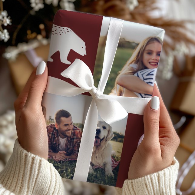 Papel De Presente Natal da Colagem de Fotos Rustic Burgundy Bears (Criador carregado)