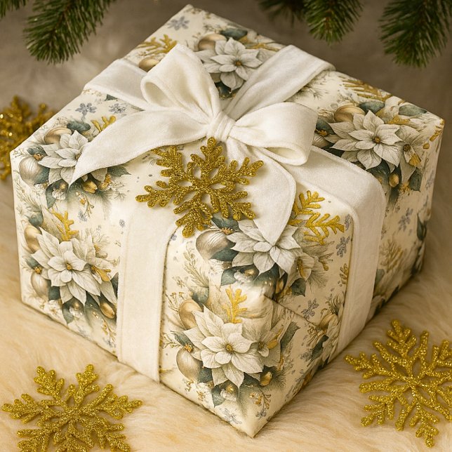 Papel De Presente Natal da Poinsettia Branca Elegante (Elegant holiday gift wrapped in poinsettias and velvet, with gold snowflakes)