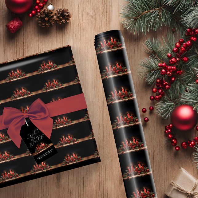 Papel De Presente Natal da vela de pinheiros Elegante (Elegant Pine Bough Candle Garland Christmas Wrapping Paper)