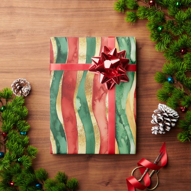 Papel De Presente Natal das Douradas Gretas Verdes Vermelhas (Presente de Natal)