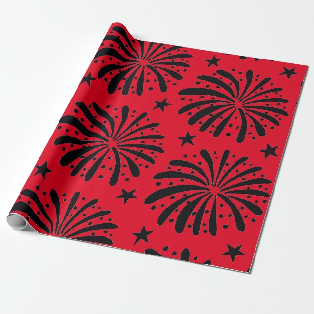 Papel De Presente Natal das Estrelas Vermelhas e Negras (Desenrolado)