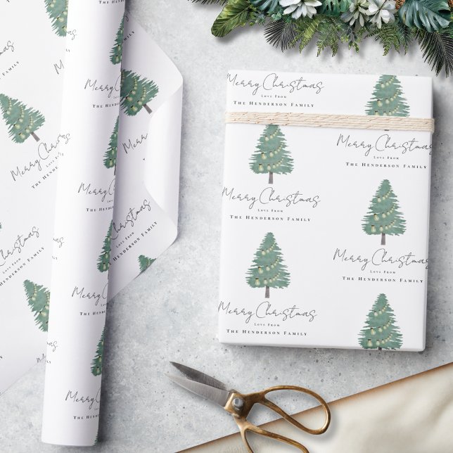 Papel De Presente Natal de Árvore de Aquarela Personalizada (Personalized family name merry Christmas watercolor whimsical tree green & white wrapping paper)