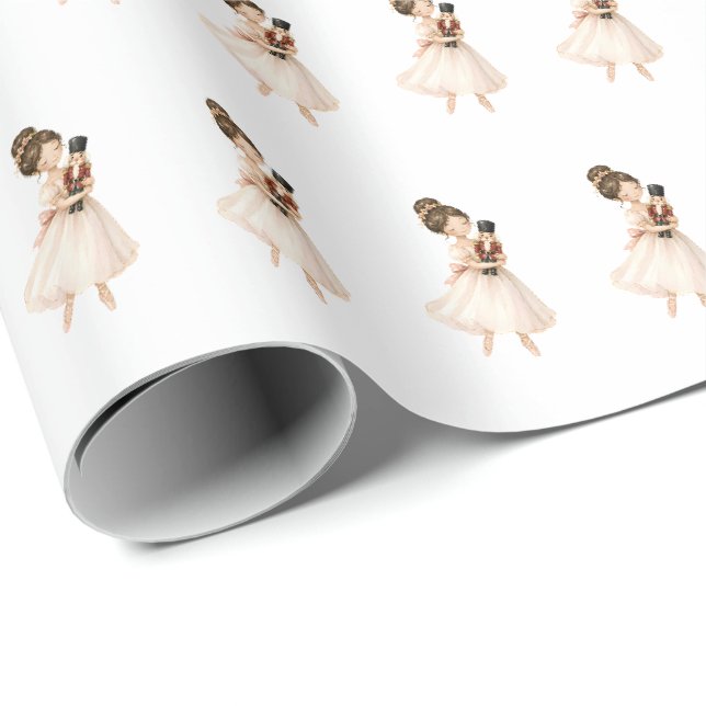 Papel De Presente Natal de bailarina quebra-nozes rosa branco (Ponta do rolo)