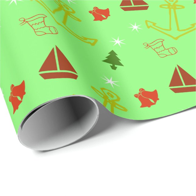 Papel De Presente Natal de Barco à Vela Náutico  (Ponta do rolo)