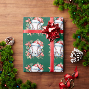Papel De Presente Natal de beisebol com chapéu de Papai Noel