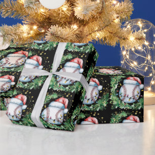 Papel De Presente Natal de beisebol com chapéu de Papai Noel