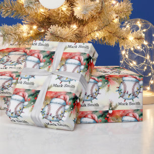 Papel De Presente Natal de beisebol com Santa Hat