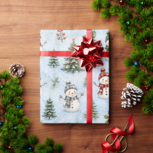 Papel De Presente Natal de Boneco de Neve em Aquarela Fofa