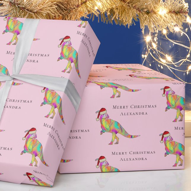 Papel De Presente Natal de Dinossauro Personalizado Nome da Menina (Cute dinosaur Christmas personalized girls name pink festive gift wrapping paper Parasaurolophus )