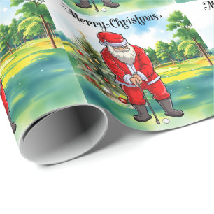 Papel De Presente Natal de Golfe com Papai Noel no campo de golfe