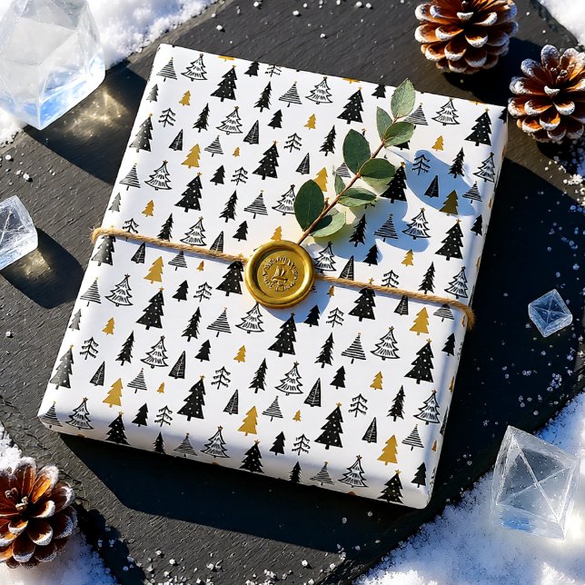 Papel De Presente Natal de Inverno Mágico (Modern Scandinavian Black Gold Christmas Tree Wrapping Paper)