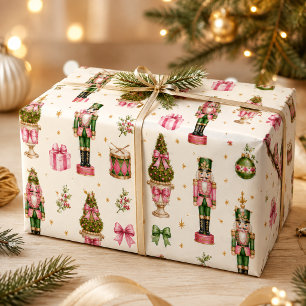 Papel De Presente Natal de Nozilhão em Aquarela Rosa e Verde Préppy