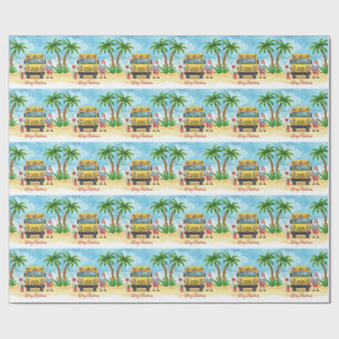 Papel De Presente Natal de ônibus escolar tropical com Papai Noel