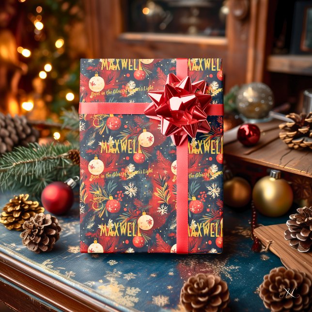 Papel De Presente Natal de ornamentos brancos e vermelhos personaliz (Criador carregado)