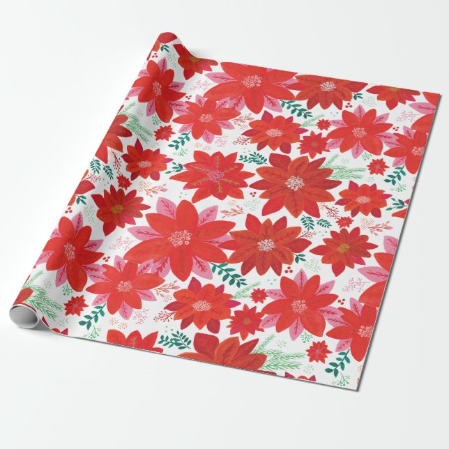 Papel De Presente Natal de Padrão de Poinsettia Grande (Desenrolado)