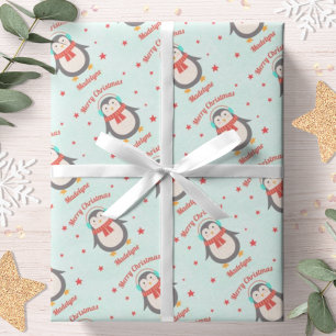 Papel De Presente Natal de Pinguim Fofo Aqua Neve Personalizado