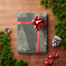 Papel De Presente Natal de Pinheiros Dourados Elegante