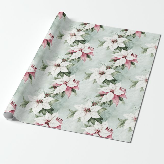 Papel De Presente Natal de Poinsettias Brancas Elegante (Desenrolado)