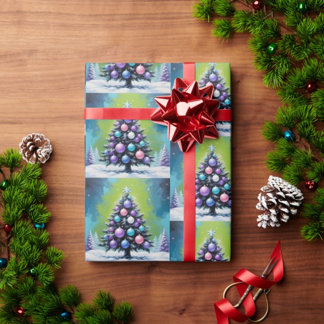 Papel De Presente Natal de pop Art Synthwave com Violeta Verde Ácido (Presente de Natal)