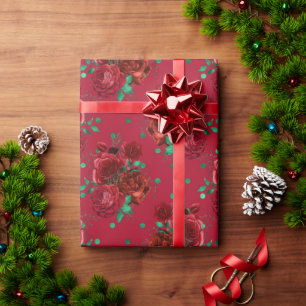 Papel De Presente Natal de Rosas Florais Verdes Vermelhos