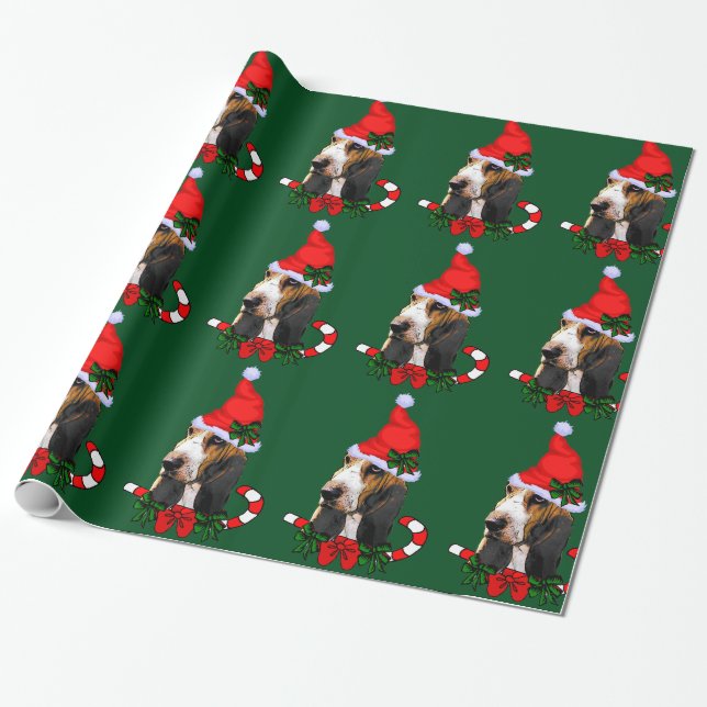 Papel De Presente Natal do Basset Hound Santa Hat (Desenrolado)