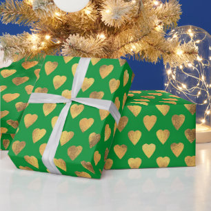 Papel De Presente Natal do Coração de Amor Verde Dourado Elegante