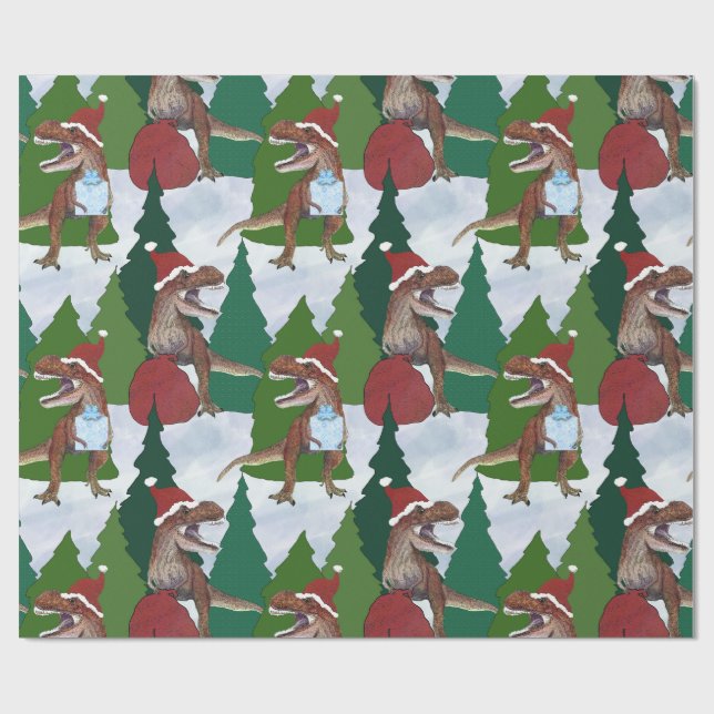 Papel De Presente Natal do Dinossauro T-Rex Papai Noel (Aberto)
