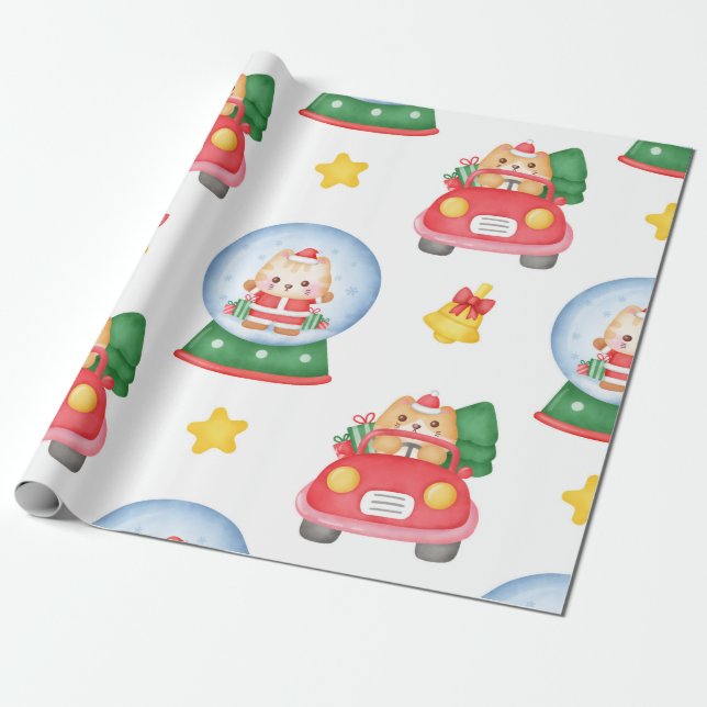 Papel De Presente Natal do Gato de Condução e Neve (Desenrolado)