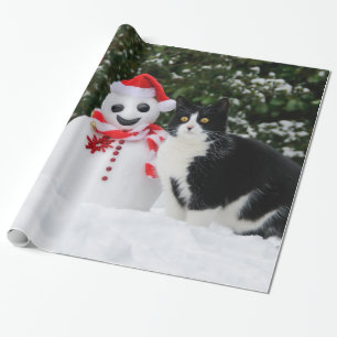 Papel De Presente Natal do gato e do boneco de neve do papai noel,