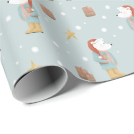 Papel De Presente Natal do Urso Polar Moderno de inverno e Flocos de