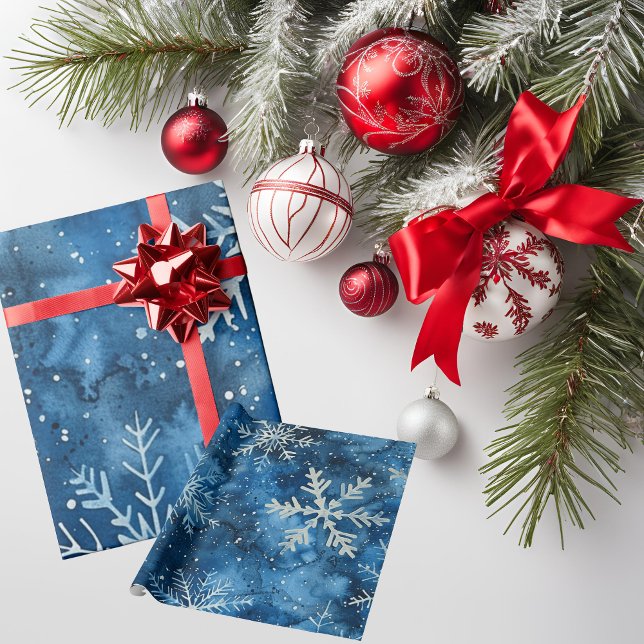 Papel De Presente Natal dos Flocos de Neve Azul Elegante (Elegant Blue Snowflakes Christmas Wrapping Paper)