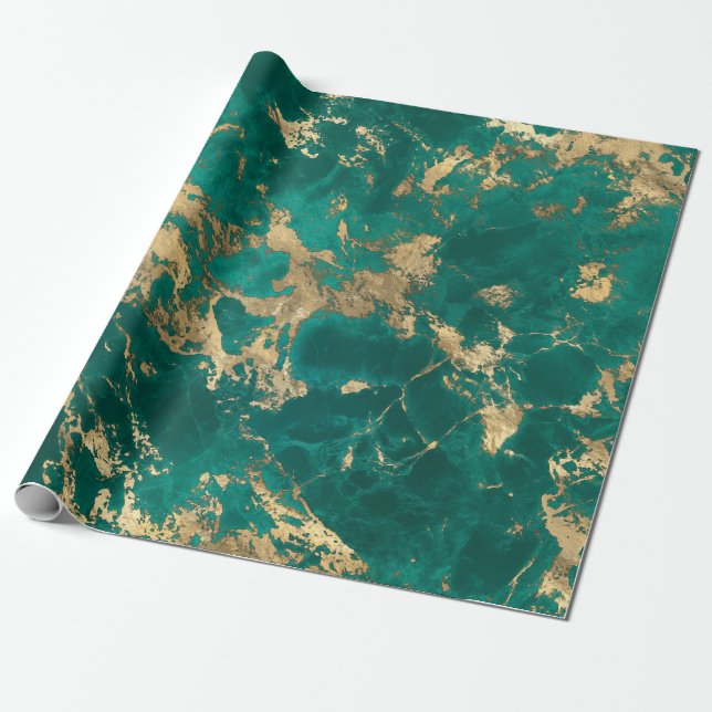 Papel De Presente Natal Dourado de Mármore Verde de Teal Escuro (Desenrolado)
