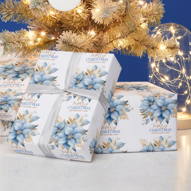 Papel De Presente Natal Dourado de Poinsettia Azul | NOME (Feriados)