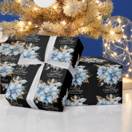 Papel De Presente Natal Dourado de Poinsettia Azul | NOME