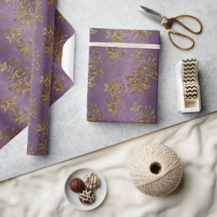 Papel De Presente Natal Dourado e roxo do Damask Faux Velvet