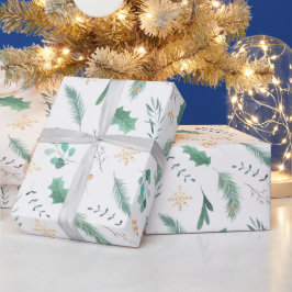 Papel De Presente Natal Dourado e Verde Holly Pine Eucalyptus