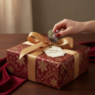 Papel De Presente Natal Dourado e Vermelho Damasco Real Floco de Nev