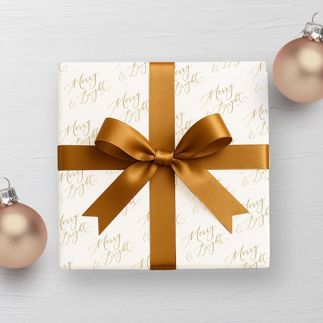 Papel De Presente Natal Dourado Merry & Bright Script (Criador carregado)