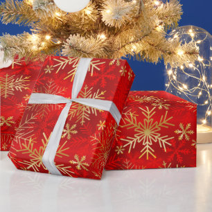 Papel De Presente Natal Dourado Vermelho Carmesim Flocos de Neve de
