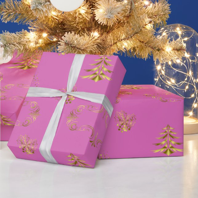 Papel De Presente Natal Elegância Rosa e Dourado (Feriados)