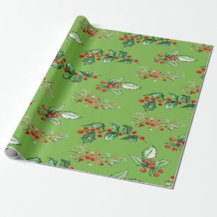 Papel De Presente Natal Elegante Chic Azevinho Frutas Feriado